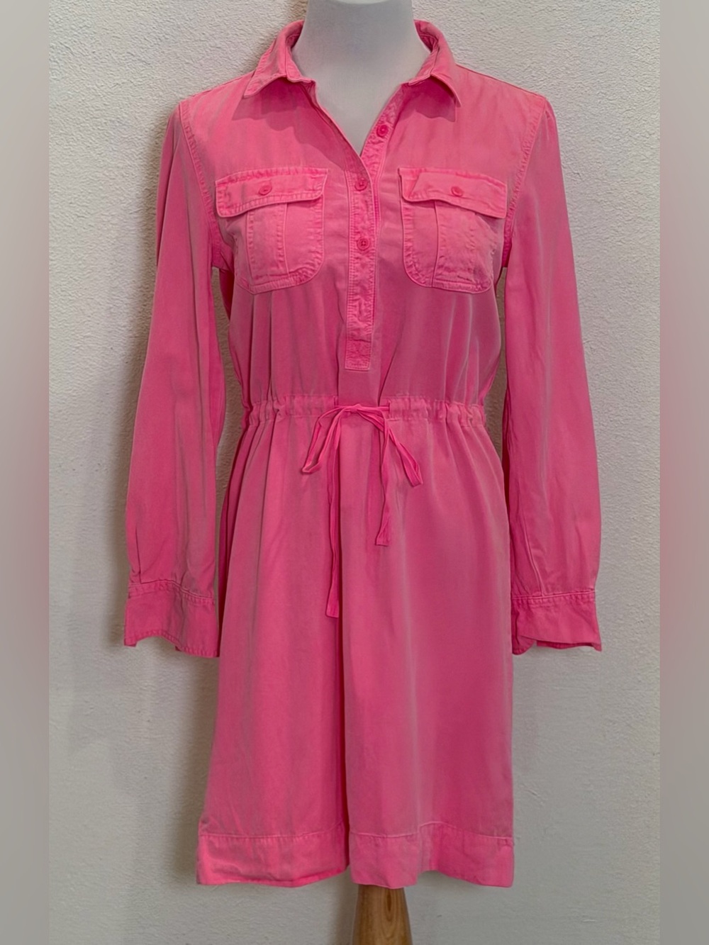 J. Crew Drawstring Waist Utility Denim Shirt Dress Women’s 4 Neon Pink Barbie‎